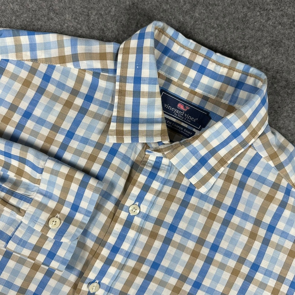 Vineyard Vines Mens Large Classic Fit Cooper Shirt Blue Brown Plaid‎ Preppy
